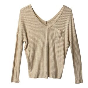 Chaser Womens Oatmeal Waffle Knit Thermal V-Neck Long Sleeve Top Size Small
